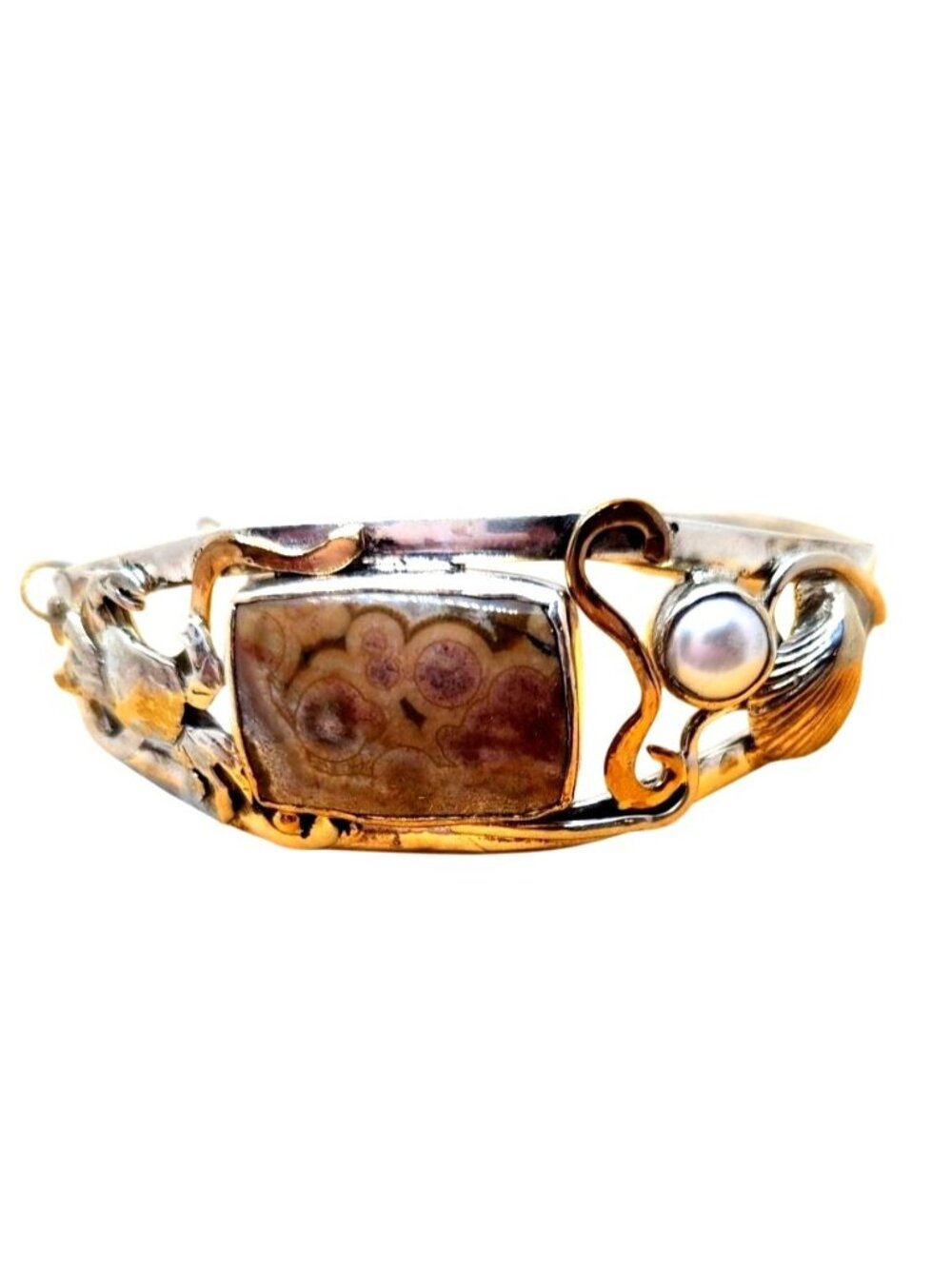 Bracelet Ocean Jasper Pearl Sterling Silver 14K Gold Accents Crab, Sea Shell ,
